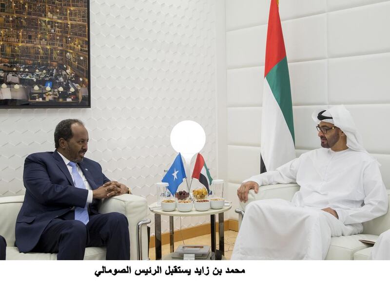 Sheikh Mohamed bin Zayed Al Nahyan, the Crown Prince of Abu Dhabi with Hassan Sheikh Mohamud, President of Somalia. Mohamed Al Hammadi / CPC