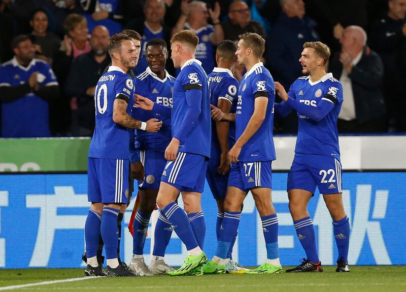 Patson Daka celebrates scoring Leicester City's fourth goal with teammates. Reuters