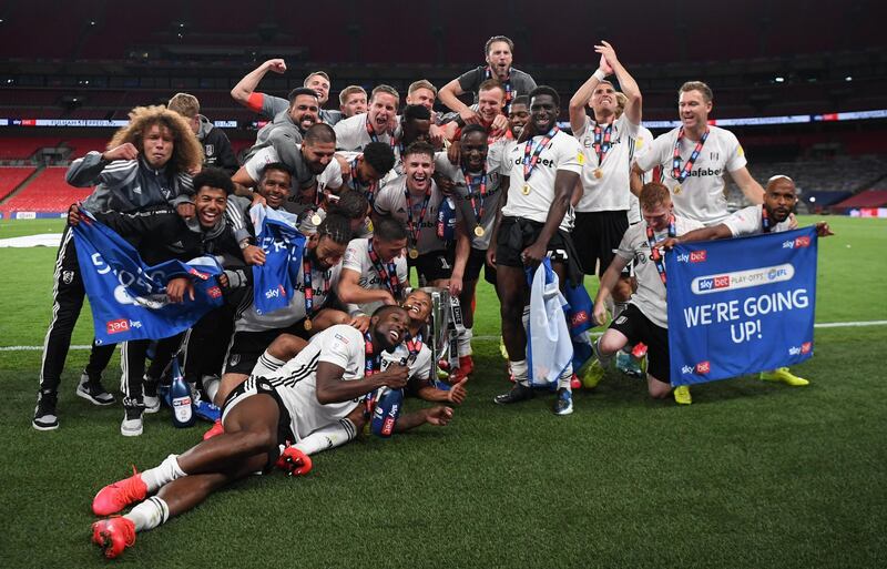 Fulham celebrate after winning the  Championship play-off final against  Brentford. Getty