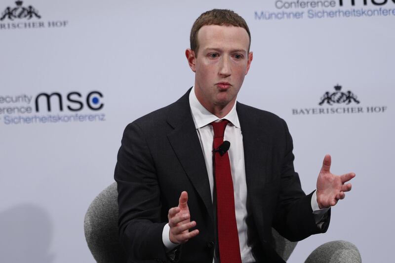 Mark Zuckerberg, chief executive officer and founder of Facebook Inc., gestures while speaking on stage during the Munich Security Conference at the Bayerischer Hof hotel in Munich, Germany, on Saturday, Feb. 15, 2020. The Libyan conflict is set to be one of the main themes at the annual security conference that runs Feb. 14 - 16. Photographer: Michaela Handrek-Rehle/Bloomberg