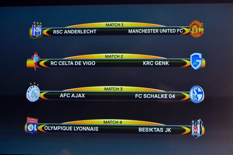 The Europa League quarter-final line-up is shown on the screen following the draw. Fabrice Coffrini / AFP 

