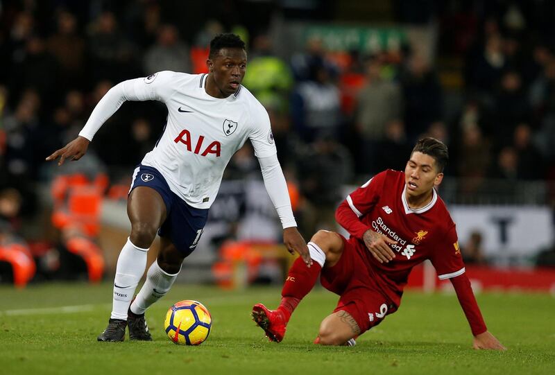 Soccer Football - Premier League - Liverpool vs Tottenham Hotspur - Anfield, Liverpool, Britain - February 4, 2018   Tottenham's Victor Wanyama in action with Liverpool's Roberto Firmino                          REUTERS/Andrew Yates    EDITORIAL USE ONLY. No use with unauthorized audio, video, data, fixture lists, club/league logos or "live" services. Online in-match use limited to 75 images, no video emulation. No use in betting, games or single club/league/player publications.  Please contact your account representative for further details.