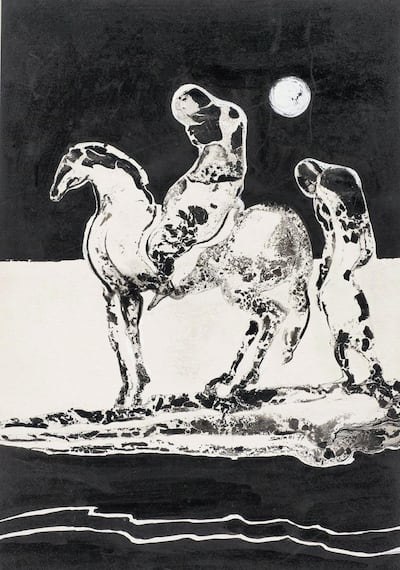 An illustration from 1977 that Ibrahim El-Salahi created for a novel by his long-time friend Tayeb Salih, one of the greatest Sudanese authors of the 20th century, who accompanied him on a life-changing road trip in search of his country's artistic heritage. Courtesy of Vigo Gallery and Ibrahim El-Salahi.