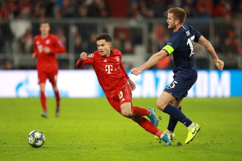 Bayern midfielderPhilippe Coutinhois fouled by Tottenham's Eric Dier. Getty Images