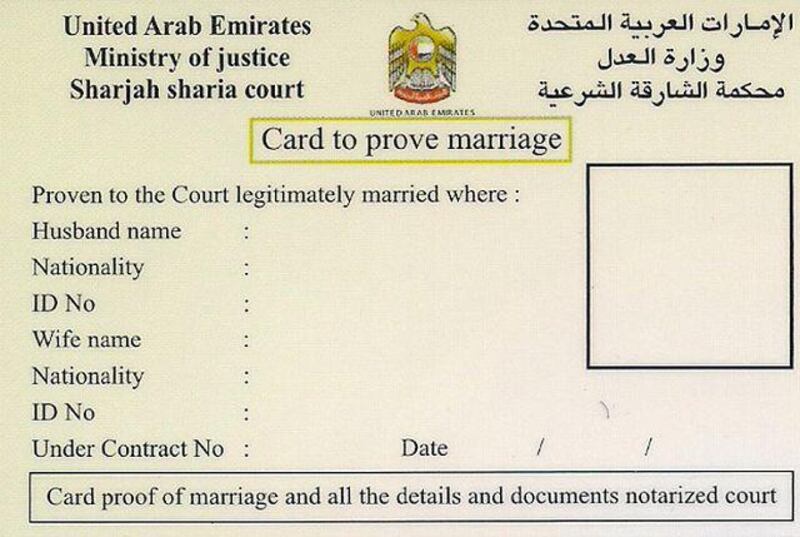 Sharjah authorities are issuing proof of marriage cards in addition to the traditional marriage certificate. Courtesy Ministry of Justice, Sharjah