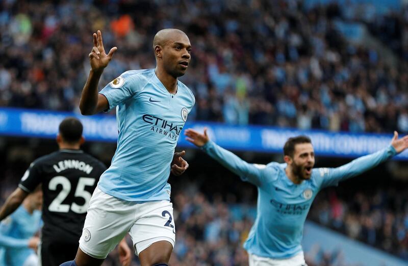 Soccer Football - Premier League - Manchester City v Burnley - Etihad Stadium, Manchester, Britain - October 20, 2018  Manchester City's Fernandinho celebrates scoring their third goal   REUTERS/Darren Staples  EDITORIAL USE ONLY. No use with unauthorized audio, video, data, fixture lists, club/league logos or "live" services. Online in-match use limited to 75 images, no video emulation. No use in betting, games or single club/league/player publications.  Please contact your account representative for further details.