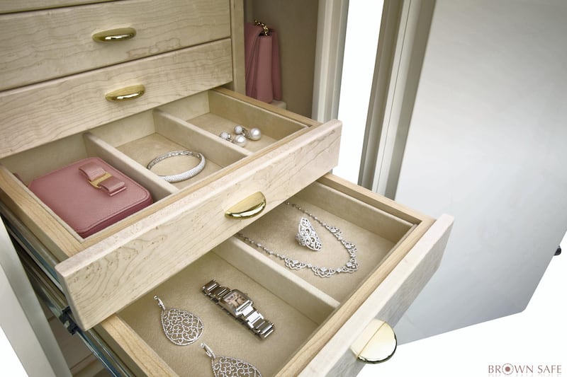 <p>A jewellery safe with individual compartments from Brown Safes in white and sand&nbsp;</p>
