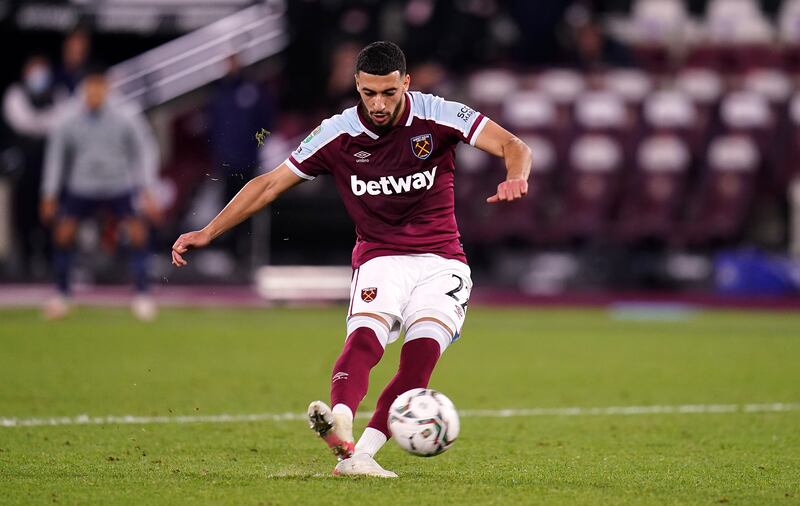 West Ham United's Said Benrahma boots the winning penalty in the Carabao Cup shoot-out against Manchester City at the London Stadium on Wednesday. Photo: PA