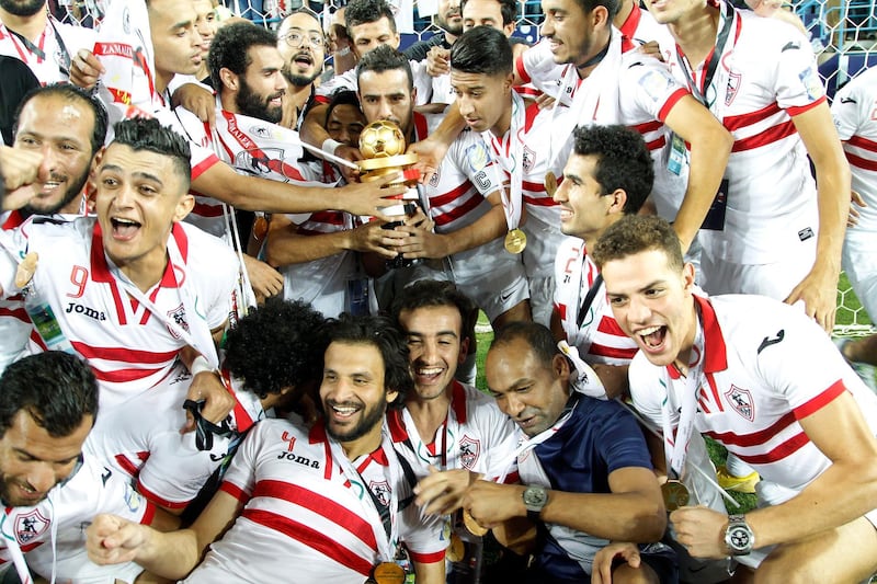 epa07074992 Zamalek's players celebrate after the Egyptian-Saudi Super Cup match between Saudi al-Hilal and Egypt's Zamalek, in Riyadh, Saudi Arabia, 06 October 2018.  EPA/AHMED YOSRI