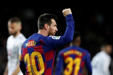 Soccer Football - La Liga Santander - FC Barcelona v Granada - Camp Nou, Barcelona, Spain - January 19, 2020 Barcelona's Lionel Messi celebrates scoring their first goal REUTERS/Albert Gea