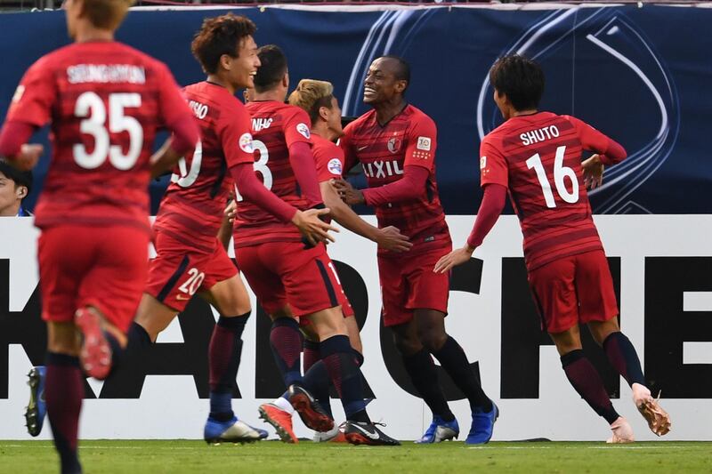 KASHIMA, JAPAN - NOVEMBER 03:  Hugo Leonardo Serejo "Leo Silva" (2R) of Kashima Antlers celebrates the first goal during the AFC Champions League final first leg match between Kashima Antlers and Persepolis at Kashima Soccer Stadium on November 3, 2018 in Kashima, Ibaraki, Japan.  (Photo by Masashi Hara/Getty Images)