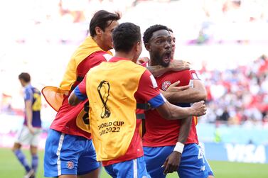 DOHA, QATAR - NOVEMBER 27:  Keysher Fuller of Costa Rica celebrates after scoring their team's first goal with teammates during the FIFA World Cup Qatar 2022 Group E match between Japan and Costa Rica at Ahmad Bin Ali Stadium on November 27, 2022 in Doha, Qatar. (Photo by Francois Nel / Getty Images)