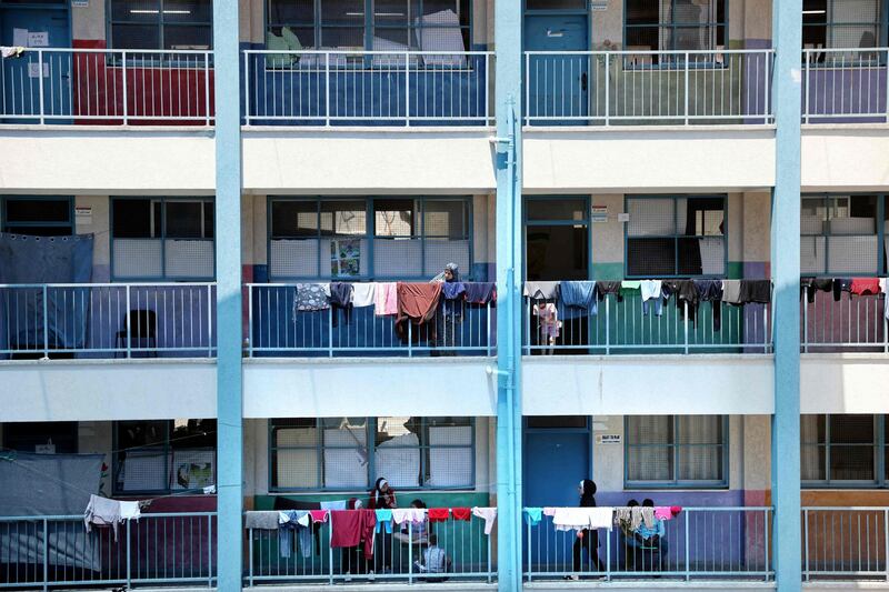 Laundry hangs on the balconies of an UNRWA school in Gaza, which has become a temporary place to live for Palestinian families whose homes were damaged by Israeli air strikes. AFP