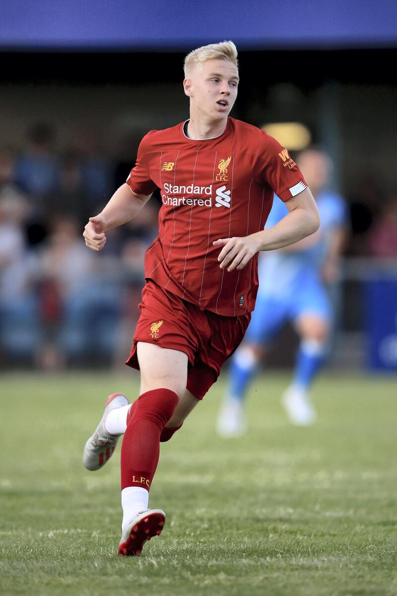 RUGBY, ENGLAND - JULY 24: Luis Longstaff of Liverpool during the Pre-Season Friendly match between Coventry City and Liverpool U23 at Butlin Road on July 24, 2019 in Rugby, England.  (Photo by Marc Atkins/Getty Images)