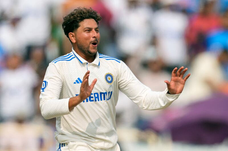India's Kuldeep Yadav celebrates the wicket of England captain Ben Stokes. Kuldeep finished with second-innings figures of 4-22. AP