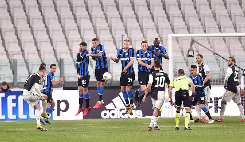 Juventus star Cristiano Ronaldo in action against Inter, with no fans to celebrate with. EPA