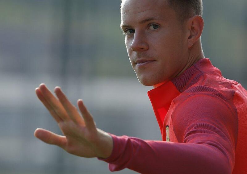 Barcelona goalkeeper Marc-Andre ter Stegen gestures during a training session. Manu Fernandez / AP Photo