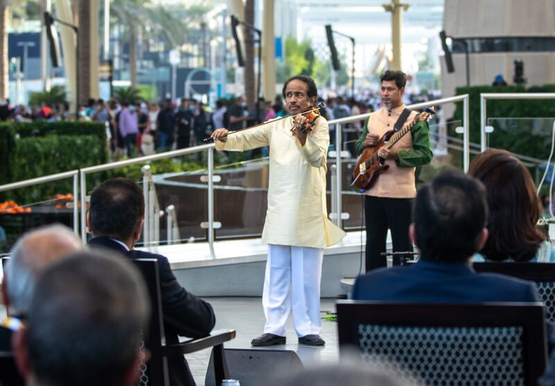 Indian violinist Padma Bushan performs during India Day at Expo 2020 Dubai.