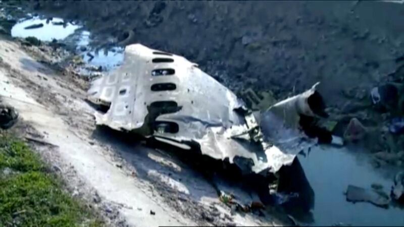 Part of the wreckage from Ukraine International Airlines flight PS752, a Boeing 737-800 plane that crashed after taking off from Tehran's Imam Khomeini airport on January 8, 2020, is seen in this still image taken from Iran Press footage.   Iran Press/Handout via REUTERS   NO RESALES. NO ARCHIVES. THIS IMAGE HAS BEEN SUPPLIED BY A THIRD PARTY. IRAN OUT. NO COMMERCIAL OR EDITORIAL SALES IN IRAN. NO USE BBC PERSIAN. NO USE MANOTO. NO USE VOA PERSIAN. NO USE IRAN INTERNATIONAL.?