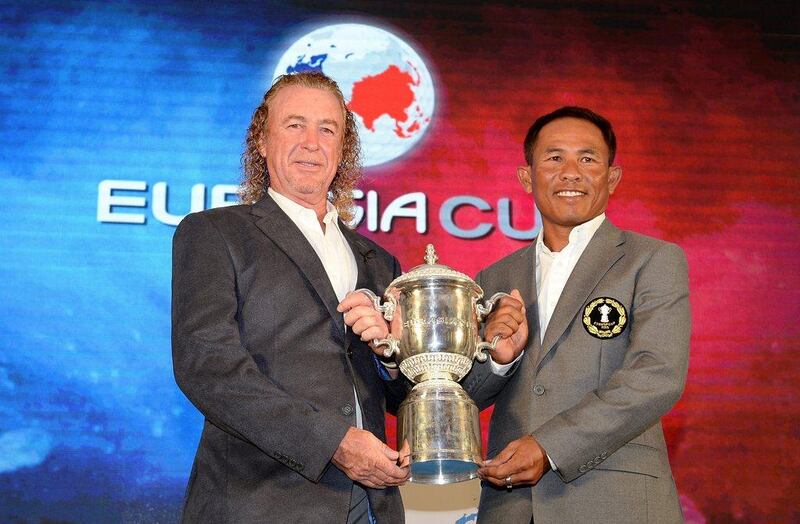 Miguel Angel Jimenez, left, captain of Team Europe and Thongchai Jaidee, right, captain of Team Asia, at the opening ceremony for the EurAsia Cup on Wednesday in Kuala Lumpur, Malaysia. Ross Kinnaird / Getty Images / March 26, 2014