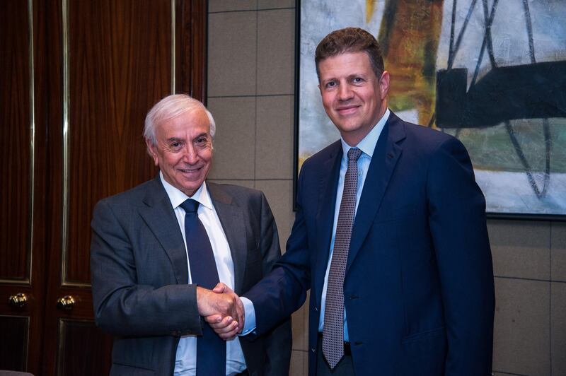 Majid Jafar, the chief executive of Crescent Petroleum, right, with Kurdish minister Ashti Hawrami. Crescent is the parent company of Dana Gas. Courtesy Crescent Petroleum