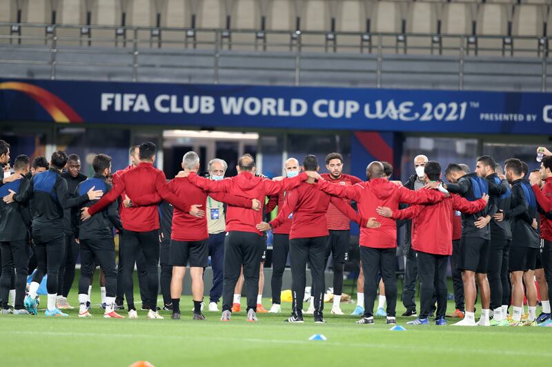 Al Ahly train ahead of the game against Monterrey in the Fifa Club World Cup UAE 2021 at Al Nahyan Stadium in Abu Dhabi. 