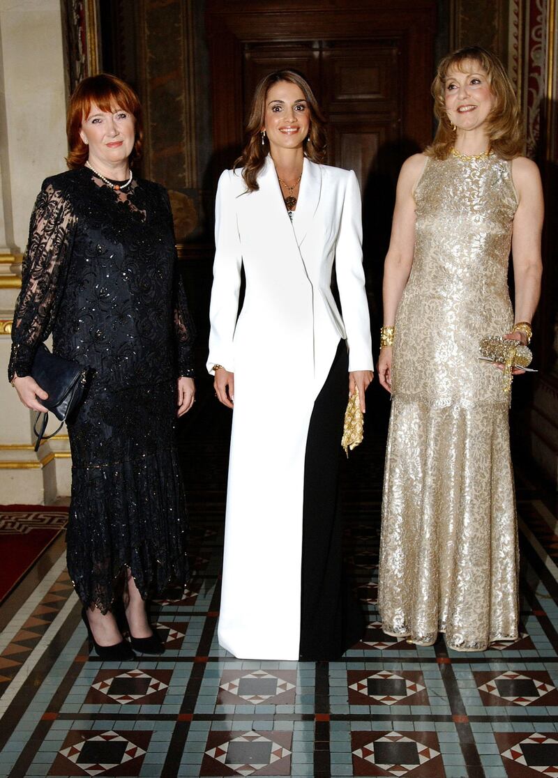 LONDON - JUNE 17:  Baroness Symons of Vernham Dean (L), Queen Rania Al-Abdullah of Jordan (C) and Maria Shammas (R) attend the British Red Cross Gold Gala Ball at the Foreign & Commonwealth Office June 17, 2002 in London.  (Photo by John Li/Getty Images) 
