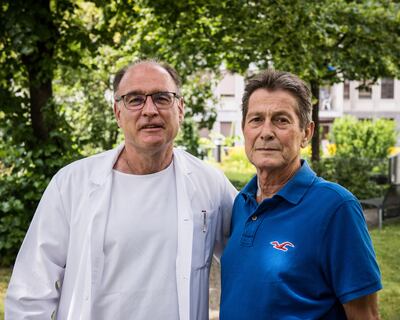 Prof Pierre-Alain Clavien with the patient who left hospital after a successful transplantation. PA