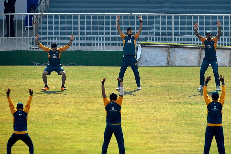 Pakistan players train at the Rawalpindi Cricket Stadium. AFP