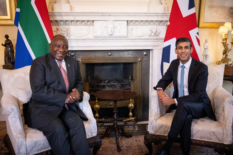 Britain's Prime Minister Rishi Sunak, right, meets South African President Cyril Ramaphosa at 10 Downing Street in London. EPA
