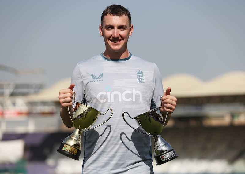 England batter Harry Brook with the player of the series and player of the match awards. Getty
