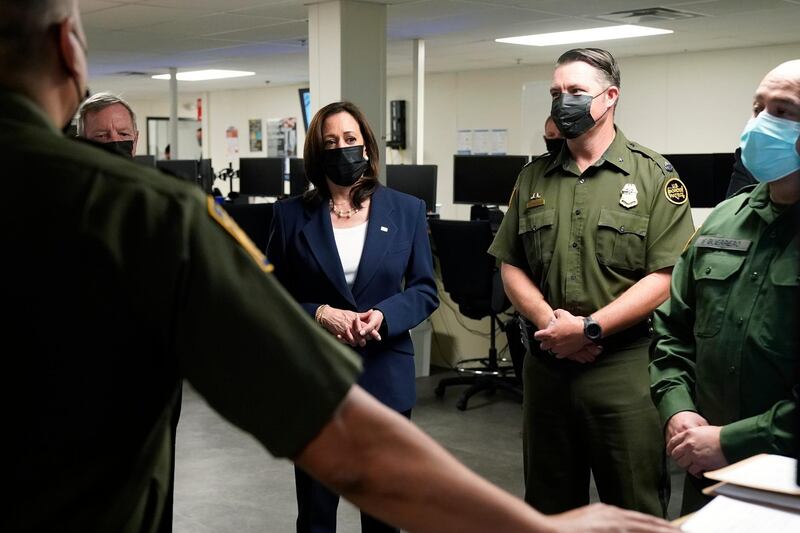 Vice President Kamala Harris tours the U.S. Customs and Border Protection Central Processing Center, Friday, June 25, 2021, in El Paso, Texas. (AP Photo/Jacquelyn Martin)