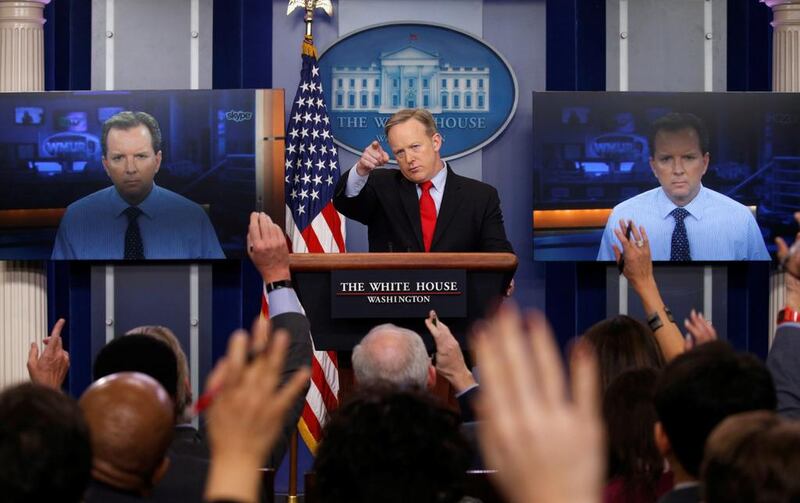 White House spokesman Sean Spicer holds a press briefing on February 3, 2017 after the United States announced new sanctions on Iran. Kevin Lamarque / Reuters