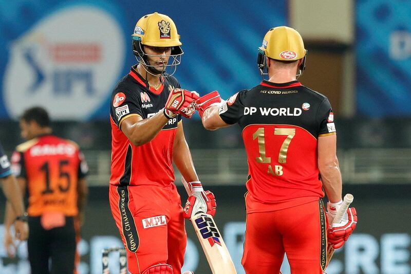 AB de Villiers of Royal Challengers Bangalore and Mahipal Lomror of Rajasthan Royals  during match 3 of season 13 Dream 11 Indian Premier League (IPL) between Sunrisers Hyderabad and Royal Challengers Bangalore held at the Dubai International Cricket Stadium, Dubai in the United Arab Emirates on the 21st September 2020.  Photo by: Saikat Das  / Sportzpics for BCCI