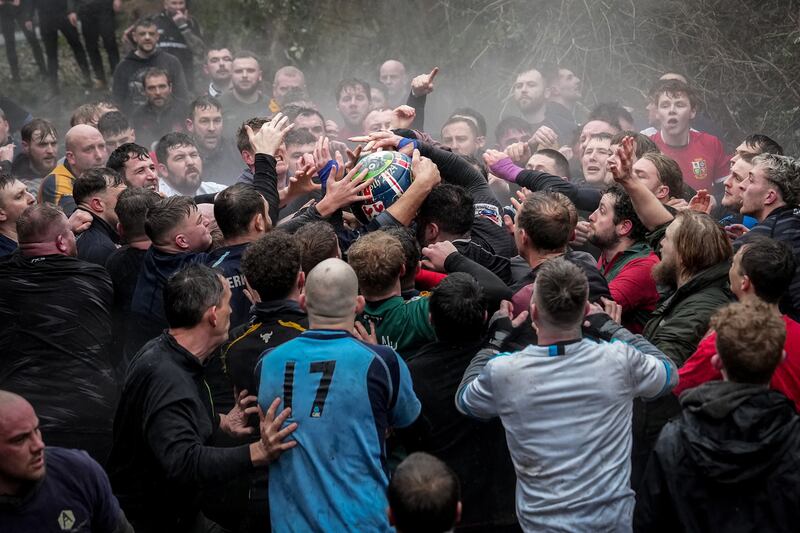 The annual 'no rules' Royal Shrovetide football game in Ashbourne, England. Getty