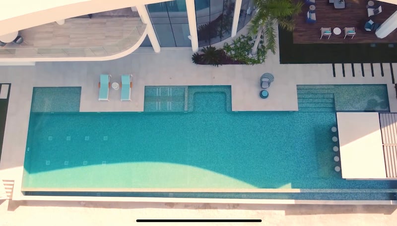 An aerial view of the outdoor pool.