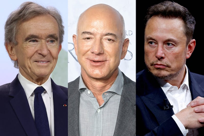 From left, Bernard Arnault, Jeff Bezos and Elon Musk have each been ranked as the world's wealthiest person over the past week. AFP / Reuters
