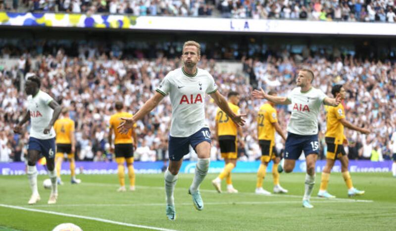 Tottenham's Harry Kane celebrates scoring the only goal in the 1-0 Premier League victory against Wolves at Tottenham Hotspur Stadium on August 20, 2022. CameraSport