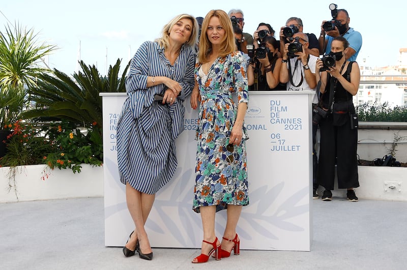 Valeria Bruni Tedeschi and Vanessa Paradis attend the photocall for 'Cette Musique ne joue pour Personne' at the 74th annual Cannes Film Festiva on July 10, 2021.