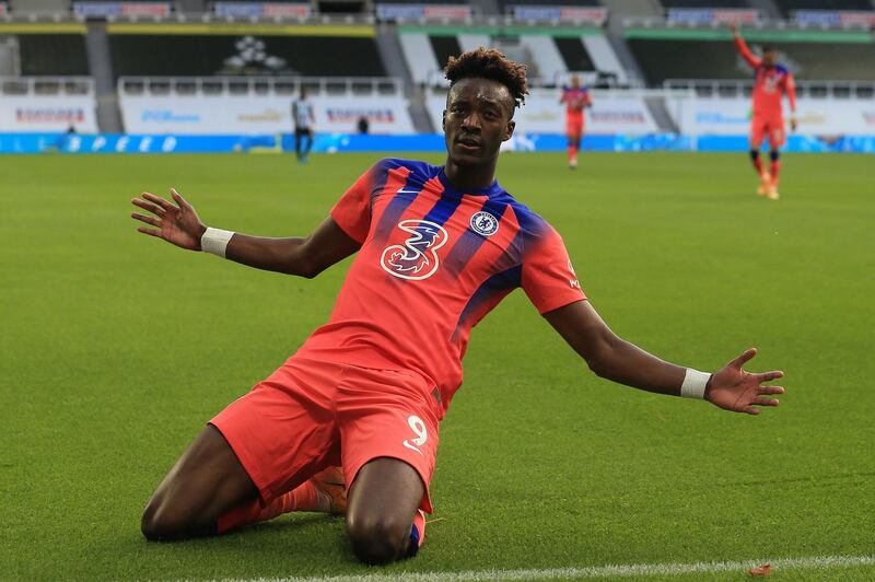 Chelsea's English striker Tammy Abraham celebrates scoring his team's second goal during the English Premier League football match between Newcastle United and Chelsea at St James' Park in Newcastle-upon-Tyne, north east England on November 21, 2020. RESTRICTED TO EDITORIAL USE. No use with unauthorized audio, video, data, fixture lists, club/league logos or 'live' services. Online in-match use limited to 120 images. An additional 40 images may be used in extra time. No video emulation. Social media in-match use limited to 120 images. An additional 40 images may be used in extra time. No use in betting publications, games or single club/league/player publications.
 / AFP / POOL / Lindsey Parnaby / RESTRICTED TO EDITORIAL USE. No use with unauthorized audio, video, data, fixture lists, club/league logos or 'live' services. Online in-match use limited to 120 images. An additional 40 images may be used in extra time. No video emulation. Social media in-match use limited to 120 images. An additional 40 images may be used in extra time. No use in betting publications, games or single club/league/player publications.
