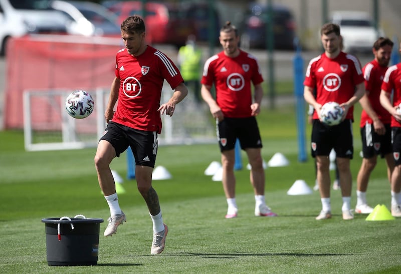 Wales' Aaron Ramsey controls the ball during training. AP