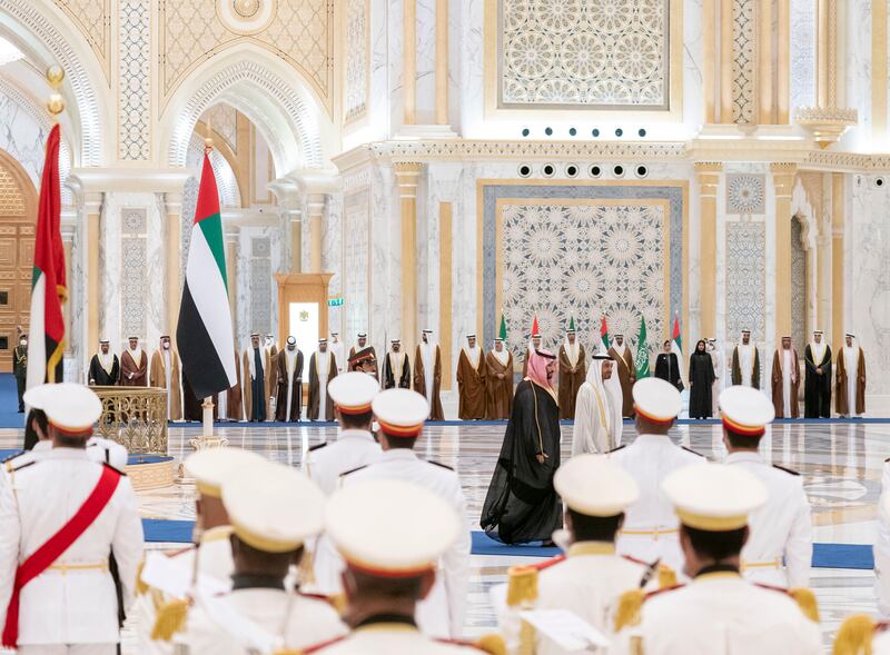 Sheikh Mohamed bin Zayed hosts the official reception for Prince Mohammed bin Salman.