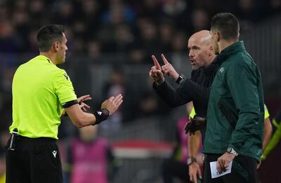 Manchester United manager Erik ten Hag is shown a yellow card by the referee for his response to Marcus Rashford not being awarded a foul from a challenge by Jules Kounde. Getty