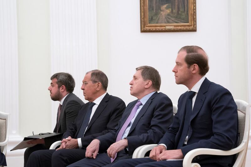 MOSCOW, RUSSIA - June 01, 2018:  HE Sergey Lavrov Minister of Foreign Affairs of Russia (3rd R) and HE Denis Manturov, Minister of Industry and Trade of Russia (R), attend a meeting with HE Vladimir Putin Vladimirovich, President of Russia (not shown), at the Kremlin Palace.

( Mohamed Al Hammadi / Crown Prince Court - Abu Dhabi )
---
