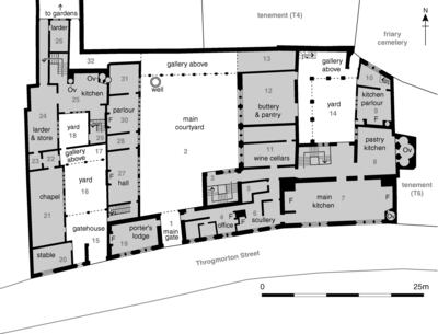 Detailed ground-floor plan of Thomas Cromwell’s mansion; ‘F’ indicates fireplace; ‘Ov’ indicates oven. Nick Holder