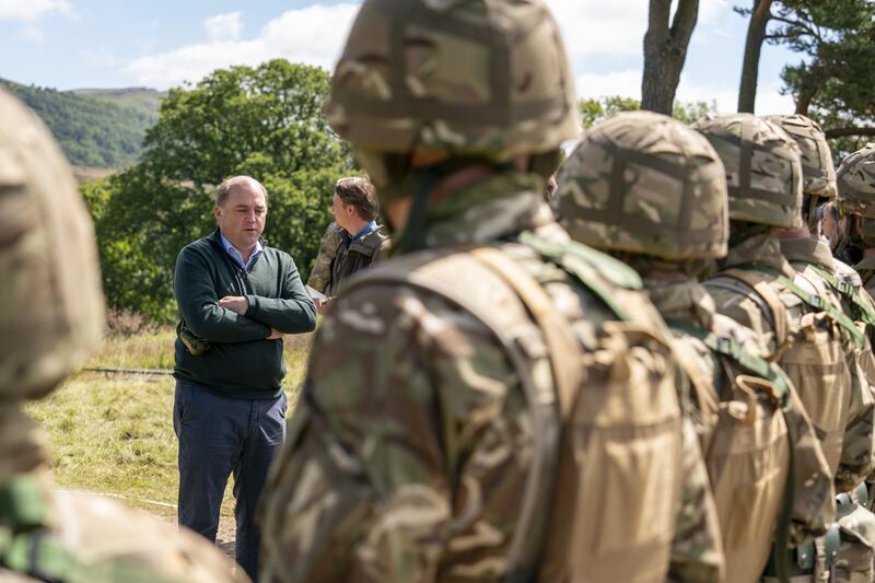 Mr Wallace speaking to new recruits to the Ukrainian army being trained by UK armed forces personnel in Manchester, in July. PA