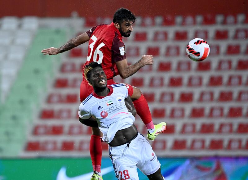 Shabab Al Ahli’s centre-back Hamdan Al Kamali wins a header. Courtesy PLC