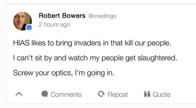 This image shows a portion of an archived webpage from the social media website Gab, with a Saturday, Oct. 27, 2018 posting by Pittsburgh synagogue shooting suspect Robert Bowers. HIAS, mentioned in the posting, is a Maryland-based nonprofit group that helps refugees around the world find safety and freedom. (AP Photo)