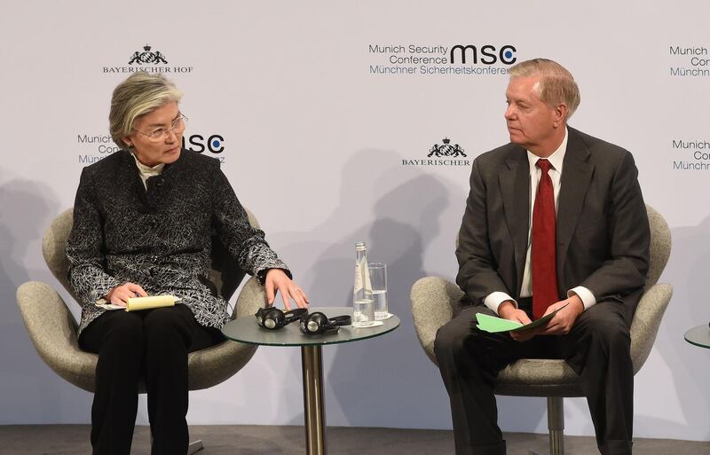 South Korea's Foreign Minister Kang Kyung-wha (left) and US Senator Lindsey O Graham take part in a panel discussion at the 56th Munich Security Conference (MSC) in Munich, southern Germany.  AFP