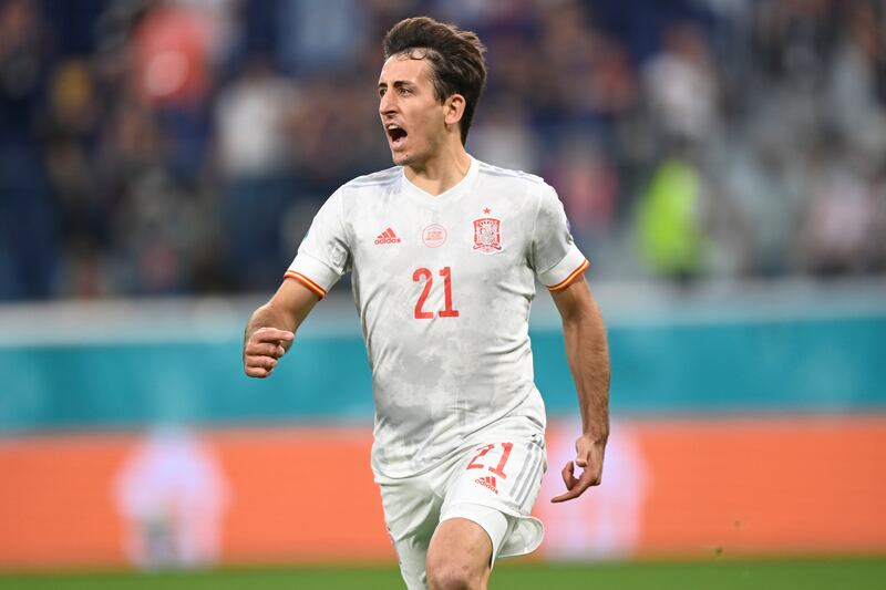 Spain's Mikel Oyarzabal celebrates after winning the Euro 2020 quarter-final penalty shootout against Switzerland. AP